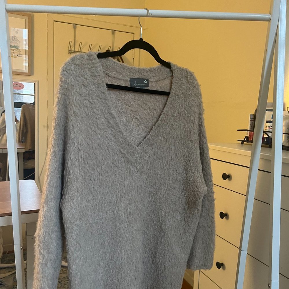 Anthropologie Tan V-Neck Fuzzy Sweater